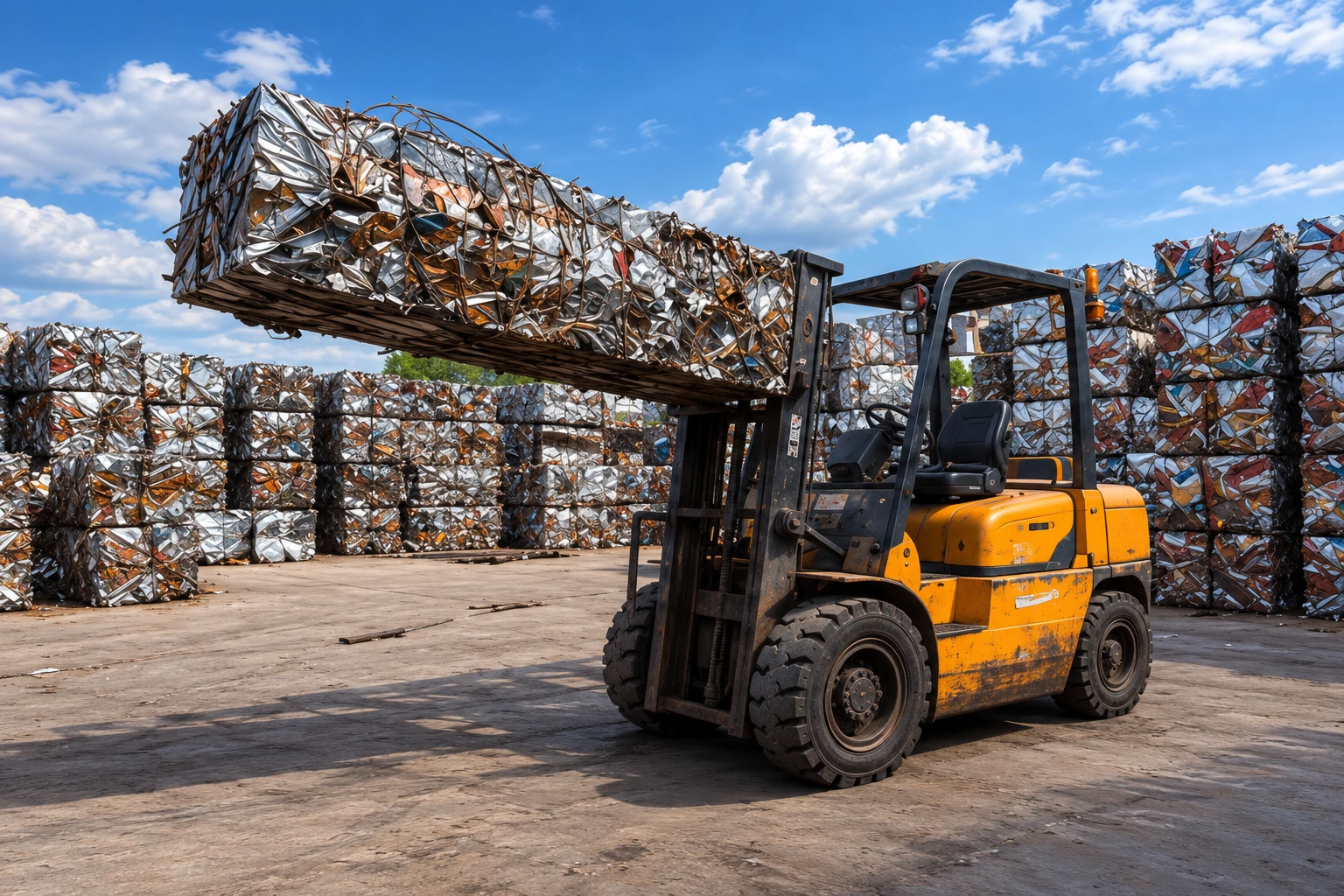 Baled scrap metal at recycling facility